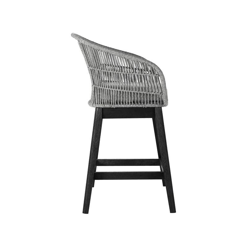 Tutti Frutti Indoor Outdoor Counter Height Bar Stool in Black Brushed Eucalyptus Wood with Gray Rope - Furniture City (CA)l