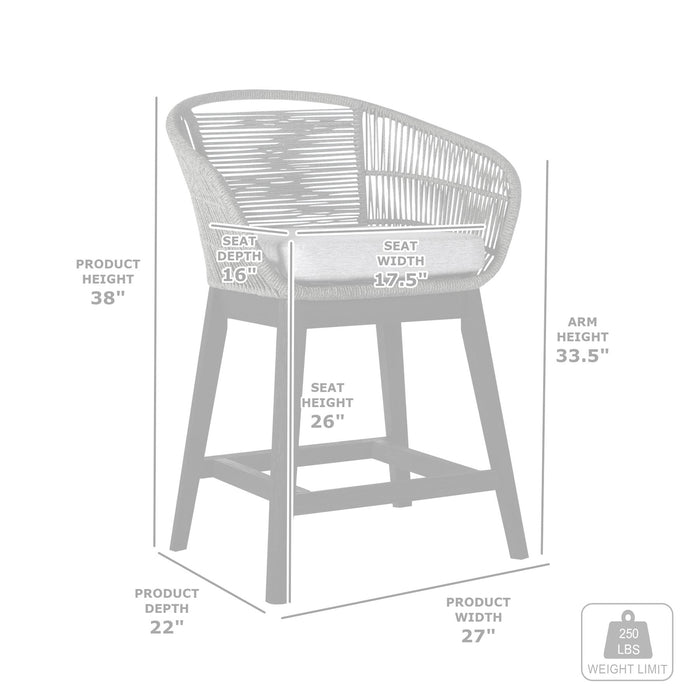 Tutti Frutti Indoor Outdoor Counter Height Bar Stool in Black Brushed Eucalyptus Wood with Gray Rope