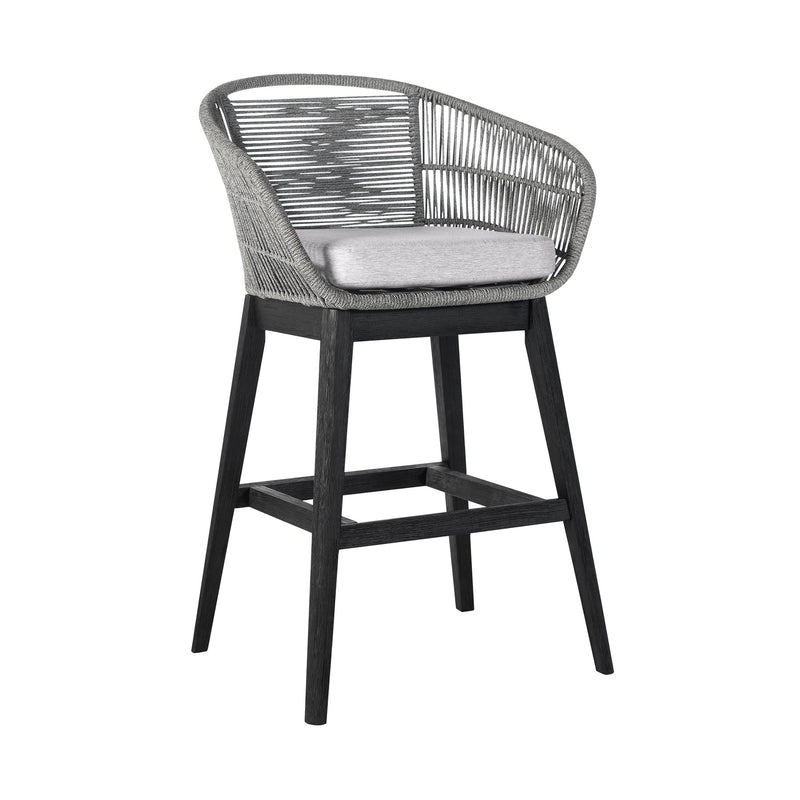 Tutti Frutti Indoor Outdoor Bar Height Bar Stool in Black Brushed Eucalyptus Wood with Gray Rope - Furniture City (CA)l