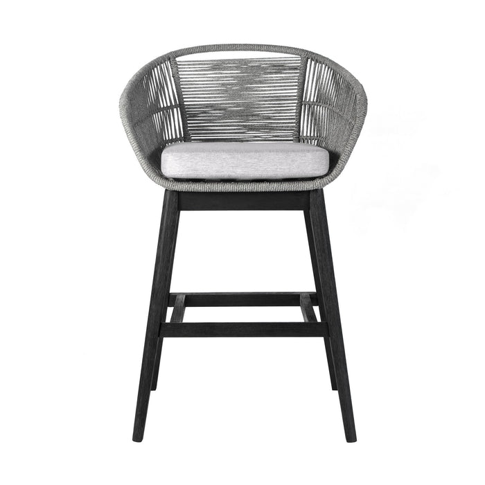 Tutti Frutti Indoor Outdoor Bar Height Bar Stool in Black Brushed Eucalyptus Wood with Gray Rope