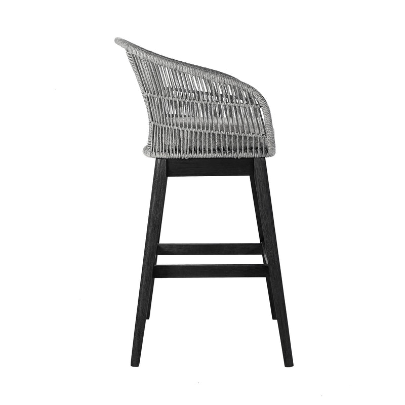 Tutti Frutti Indoor Outdoor Bar Height Bar Stool in Black Brushed Eucalyptus Wood with Gray Rope - Furniture City (CA)l