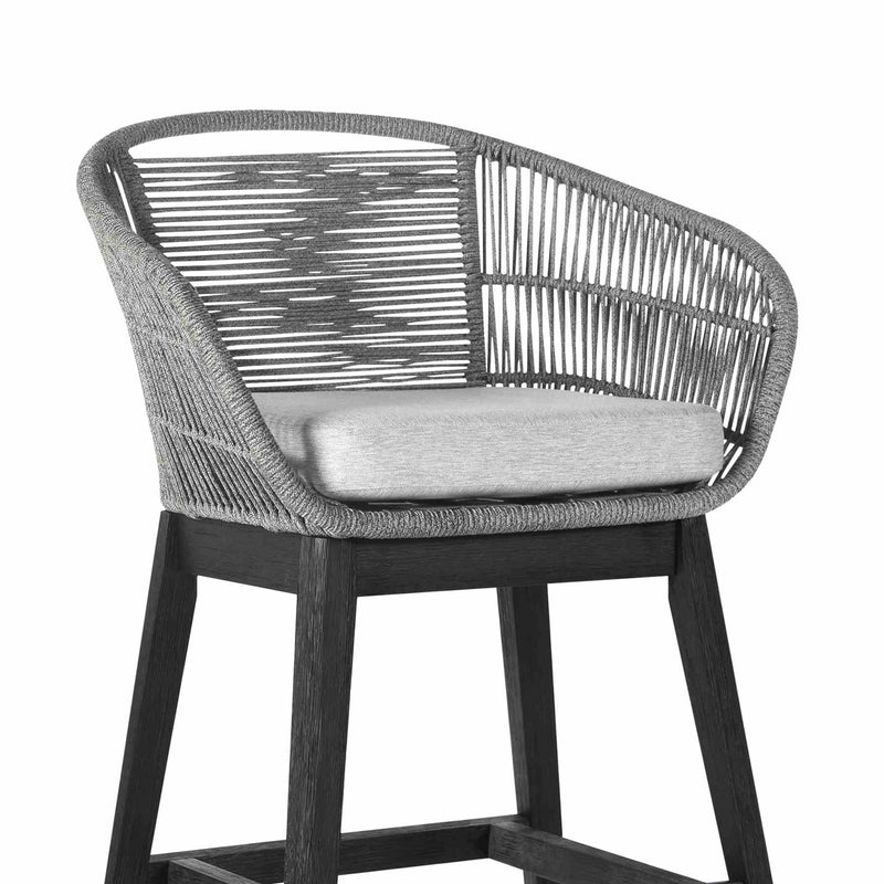 Tutti Frutti Indoor Outdoor Bar Height Bar Stool in Black Brushed Eucalyptus Wood with Gray Rope - Furniture City (CA)l