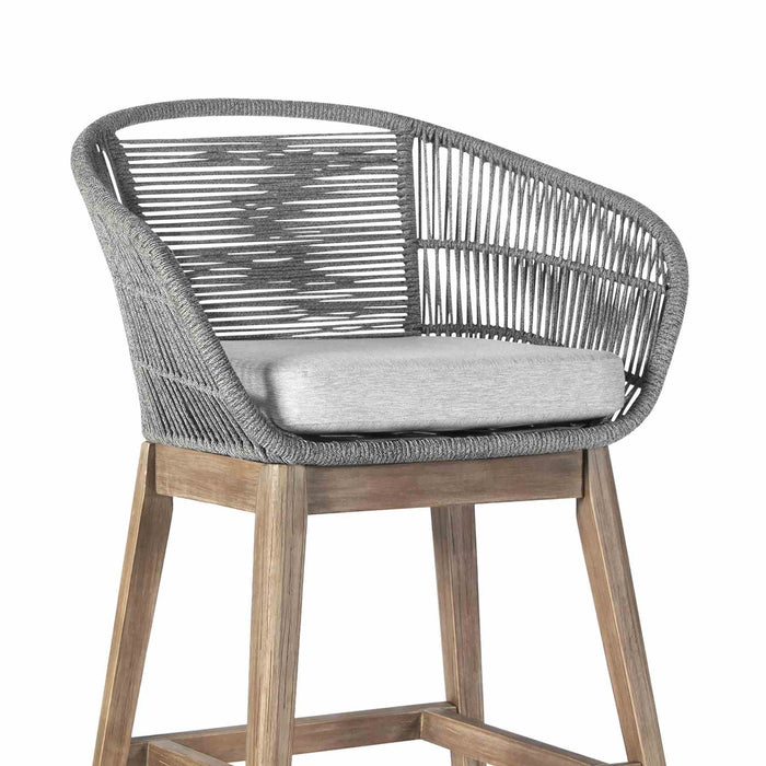 Tutti Frutti Indoor Outdoor Counter Height Bar Stool in Light Eucalyptus Wood with Gray Rope