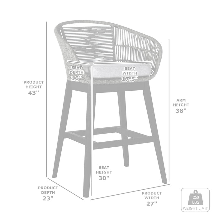 Tutti Frutti Indoor Outdoor Bar Height Bar Stool in Light Eucalyptus Wood with Gray Rope