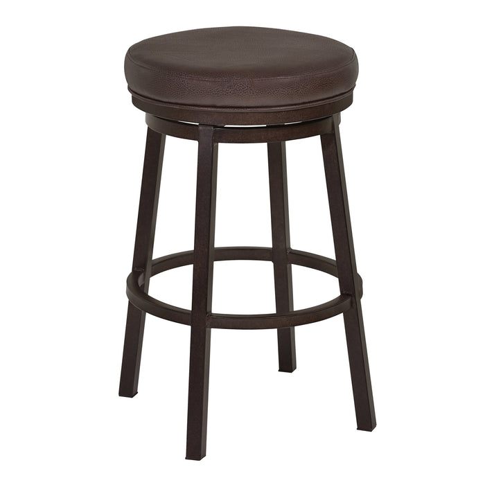 Tilden 26" Counter Height Metal Swivel Backless Barstool in Ford Brown Faux Leather and Auburn Bay Finish