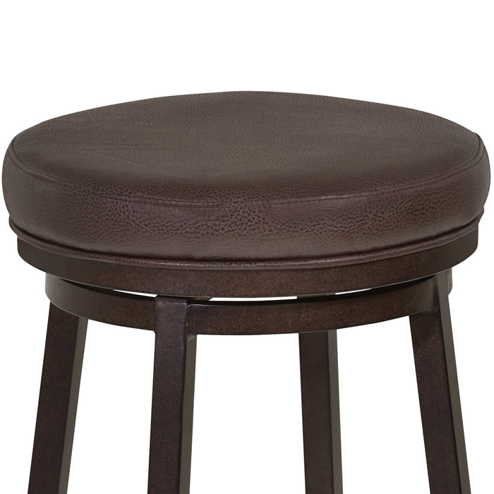 Tilden 26" Counter Height Metal Swivel Backless Barstool in Ford Brown Faux Leather and Auburn Bay Finish
