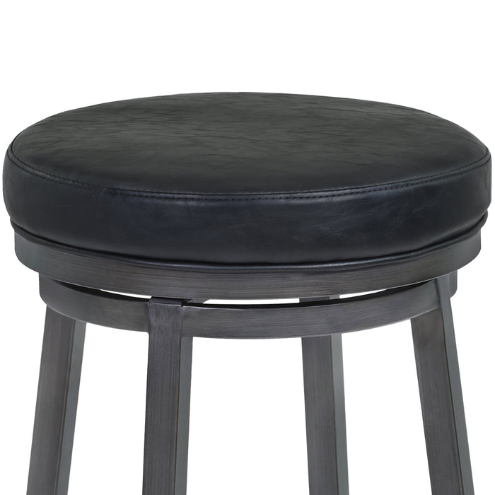 Tilden 26" Counter Height Metal Swivel Backless Barstool in Ford Black Faux Leather and Mineral Finish