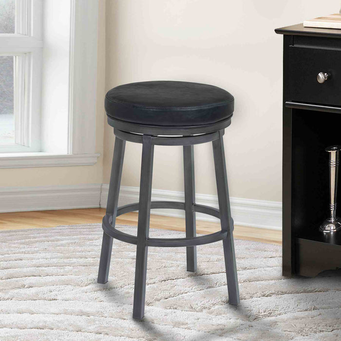 Tilden 30" Bar Height Metal Swivel Backless Barstool in Ford Black Faux Leather and Mineral Finish