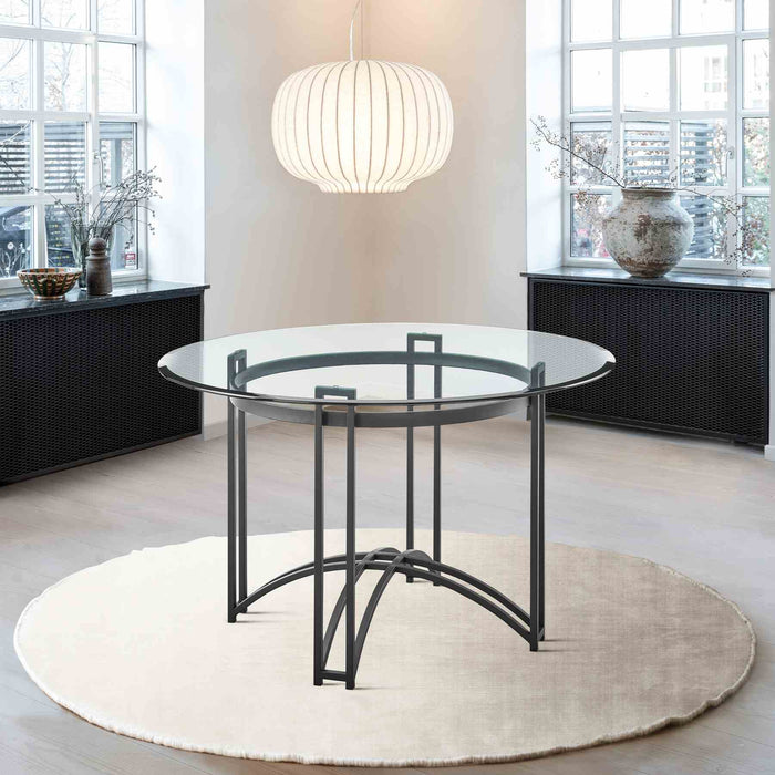 Tibet Contemporary Round Glass Dining Table with Matte Black Iron Base