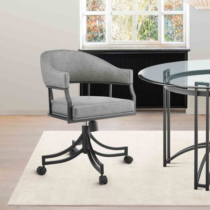 Tibet Swivel Tilt Rolling Dining Chair with Matte Black Iron and Vintage Gray Faux Leather
