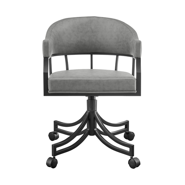 Tibet Swivel Tilt Rolling Dining Chair with Matte Black Iron and Vintage Gray Faux Leather