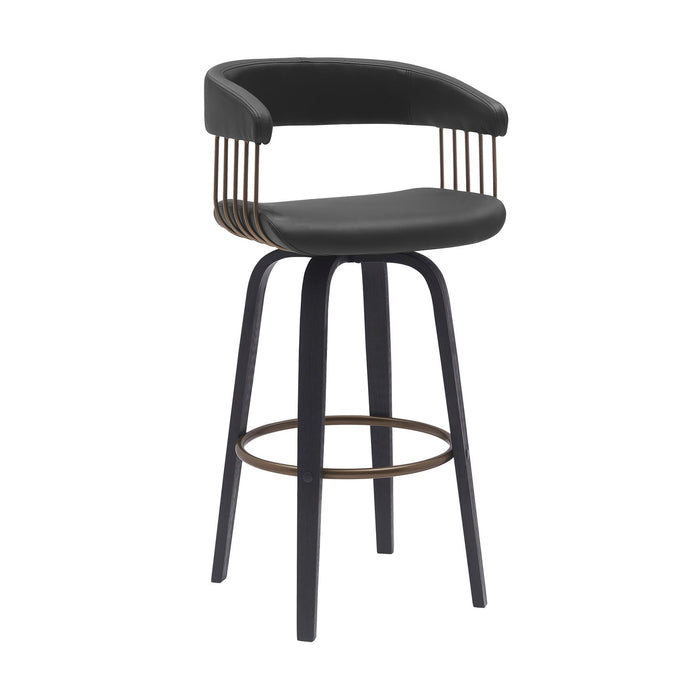 Topanga 26" Swivel Black Wood Counter Stool in Black Faux Leather with Golden Bronze Metal