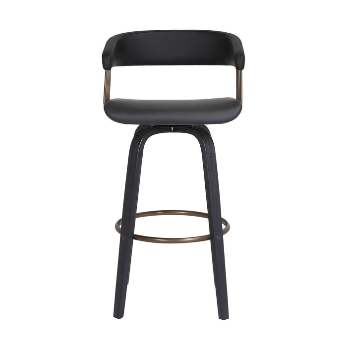 Topanga 26" Swivel Black Wood Counter Stool in Black Faux Leather with Golden Bronze Metal