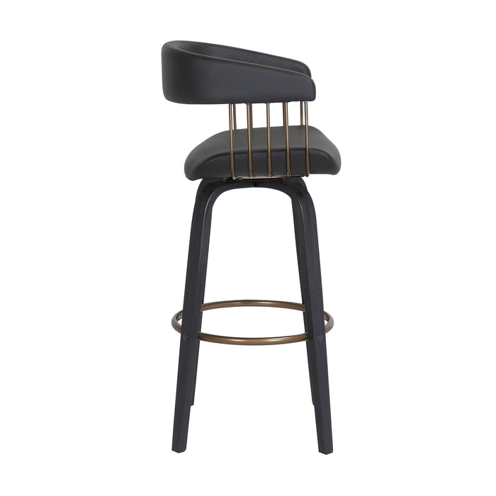 Topanga 26" Swivel Black Wood Counter Stool in Black Faux Leather with Golden Bronze Metal