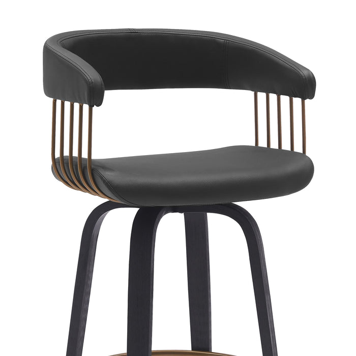 Topanga 26" Swivel Black Wood Counter Stool in Black Faux Leather with Golden Bronze Metal