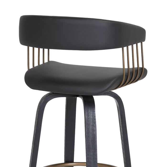 Topanga 26" Swivel Black Wood Counter Stool in Black Faux Leather with Golden Bronze Metal