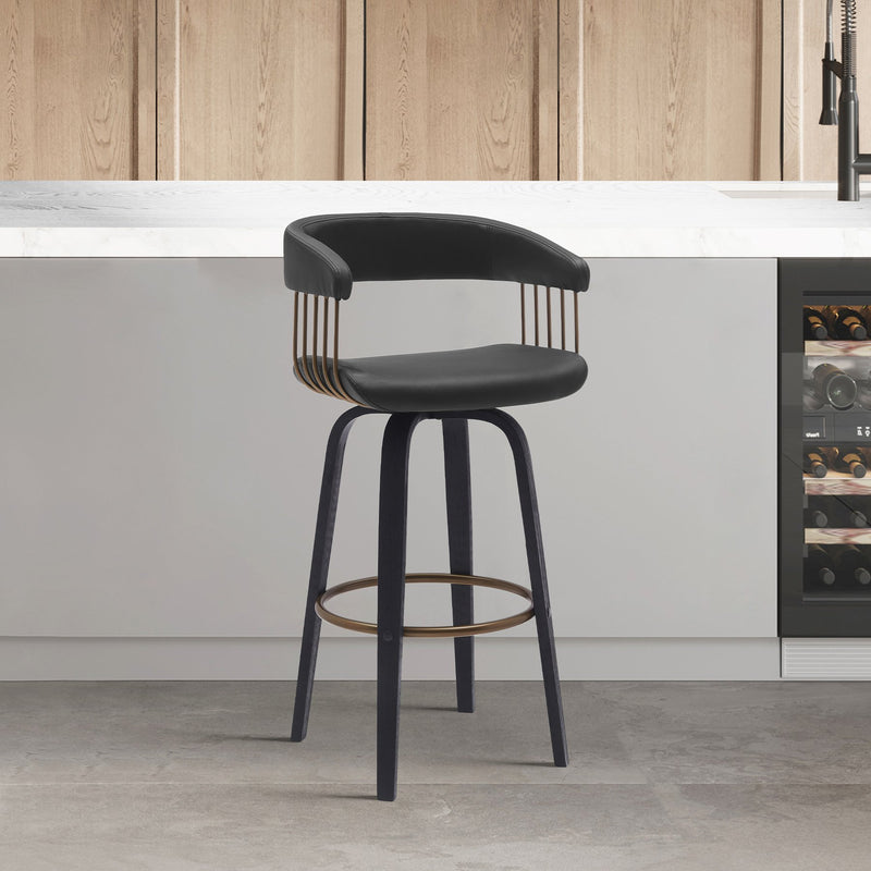 Topanga 26" Swivel Black Wood Counter Stool in Black Faux Leather with Golden Bronze Metal - Furniture City (CA)l