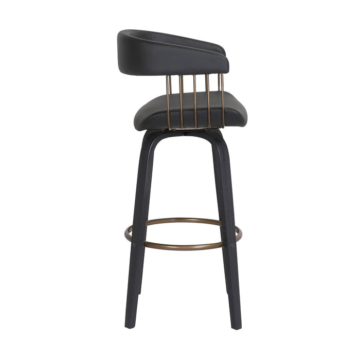 Topanga 30.5" Swivel Black Wood Bar Stool in Black Faux Leather with Golden Bronze Metal