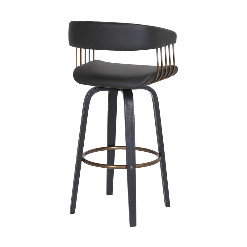 Topanga 30.5" Swivel Black Wood Bar Stool in Black Faux Leather with Golden Bronze Metal - Furniture City (CA)l