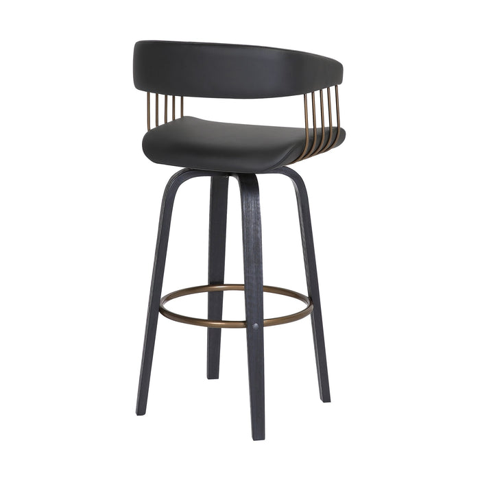 Topanga 30.5" Swivel Black Wood Bar Stool in Black Faux Leather with Golden Bronze Metal