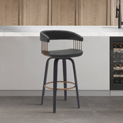 Topanga 30.5" Swivel Black Wood Bar Stool in Black Faux Leather with Golden Bronze Metal - Furniture City (CA)l