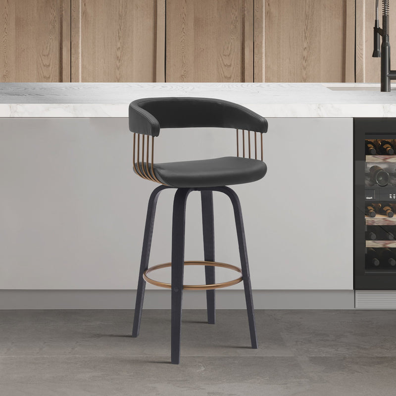 Topanga 30.5" Swivel Black Wood Bar Stool in Black Faux Leather with Golden Bronze Metal - Furniture City (CA)l