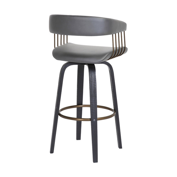 Topanga 26" Swivel Black Wood Counter Stool in Gray Faux Leather with Golden Bronze Metal