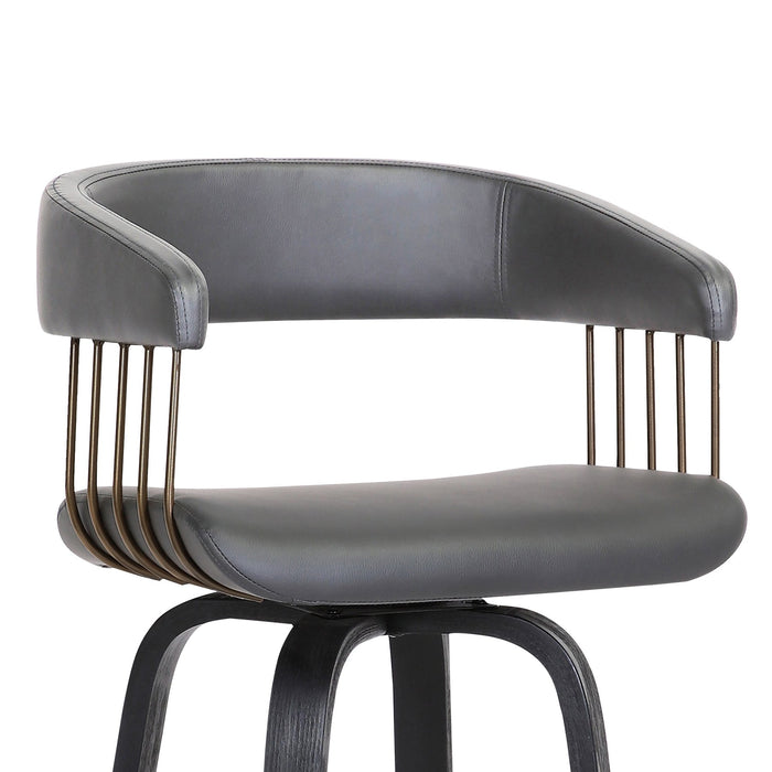 Topanga 26" Swivel Black Wood Counter Stool in Gray Faux Leather with Golden Bronze Metal