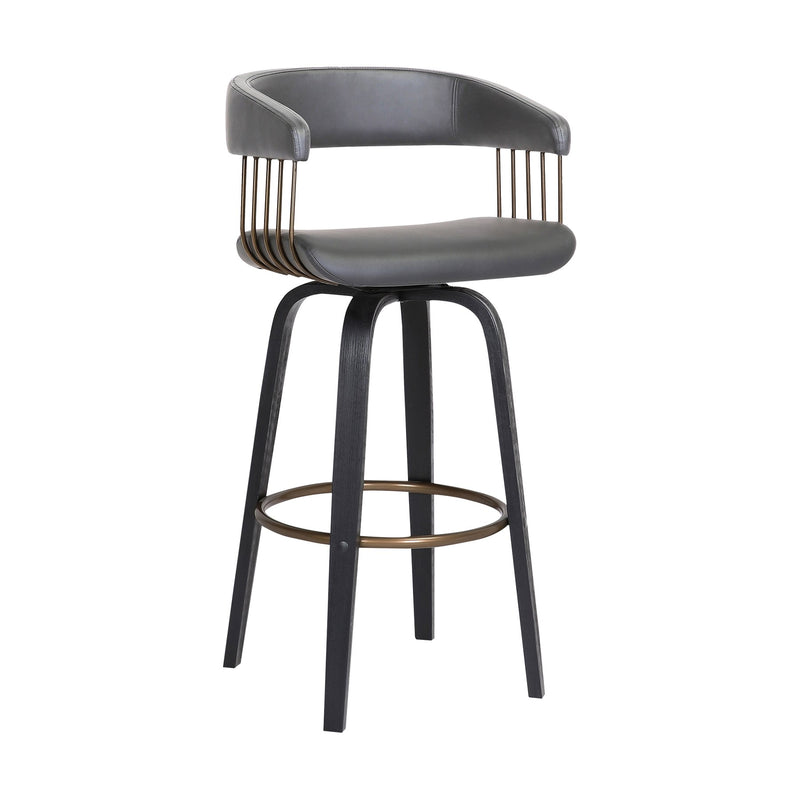 Topanga 30.5" Swivel Black Wood Bar Stool in Gray Faux Leather with Golden Bronze Metal - Furniture City (CA)l