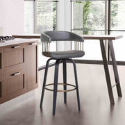 Topanga 30.5" Swivel Black Wood Bar Stool in Gray Faux Leather with Golden Bronze Metal - Furniture City (CA)l