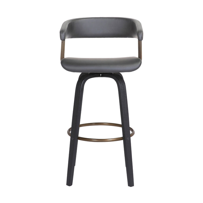Topanga 30.5" Swivel Black Wood Bar Stool in Gray Faux Leather with Golden Bronze Metal