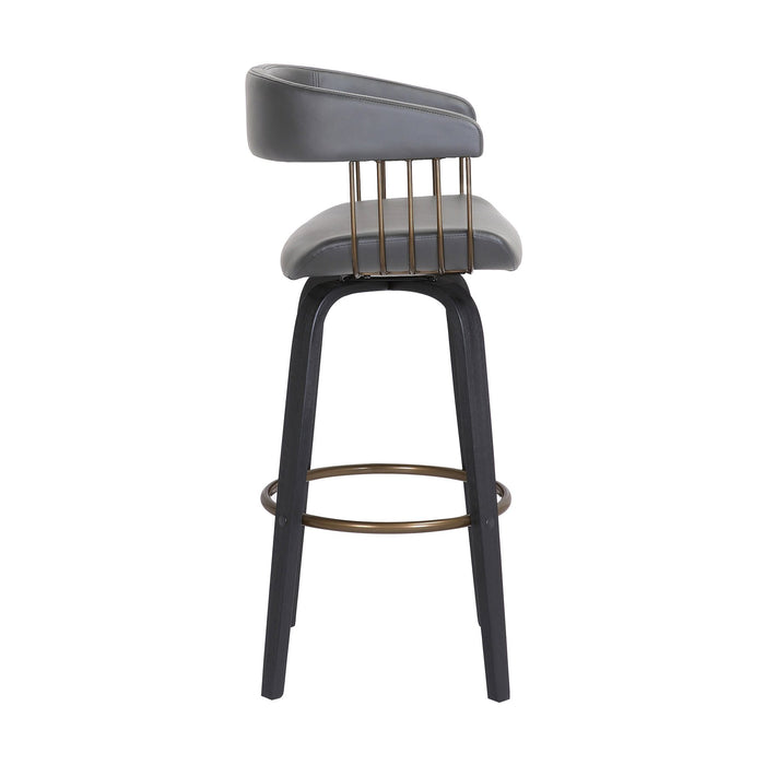 Topanga 30.5" Swivel Black Wood Bar Stool in Gray Faux Leather with Golden Bronze Metal