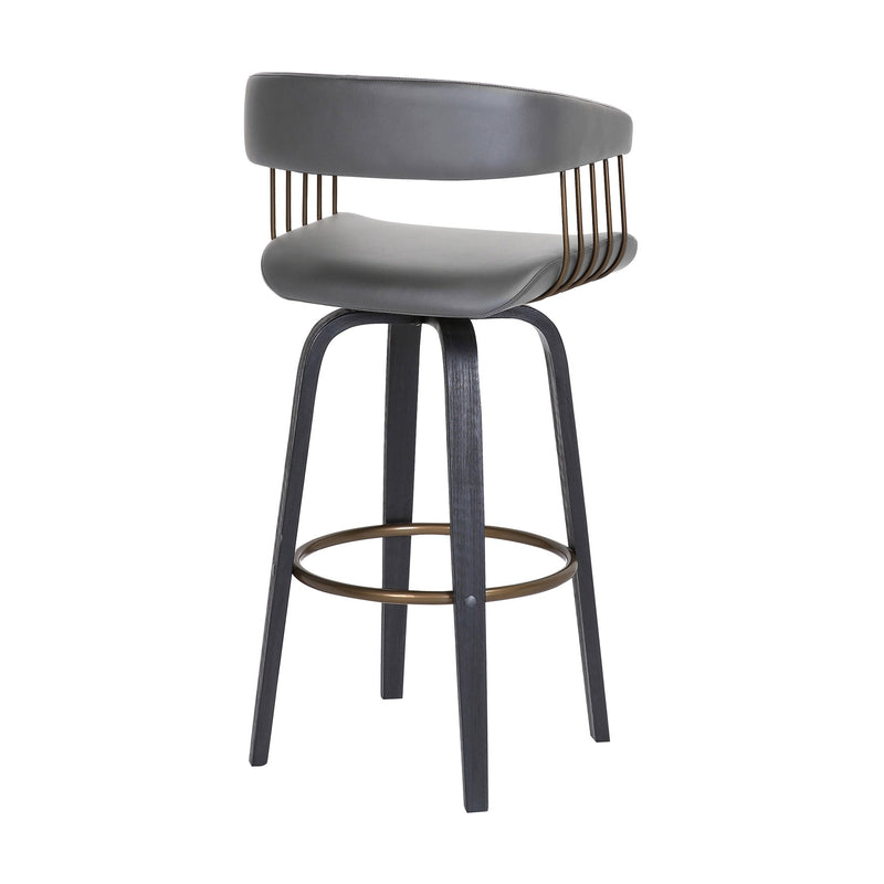 Topanga 30.5" Swivel Black Wood Bar Stool in Gray Faux Leather with Golden Bronze Metal - Furniture City (CA)l