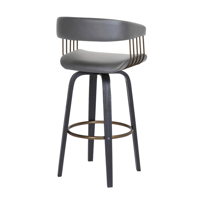 Topanga 30.5" Swivel Black Wood Bar Stool in Gray Faux Leather with Golden Bronze Metal