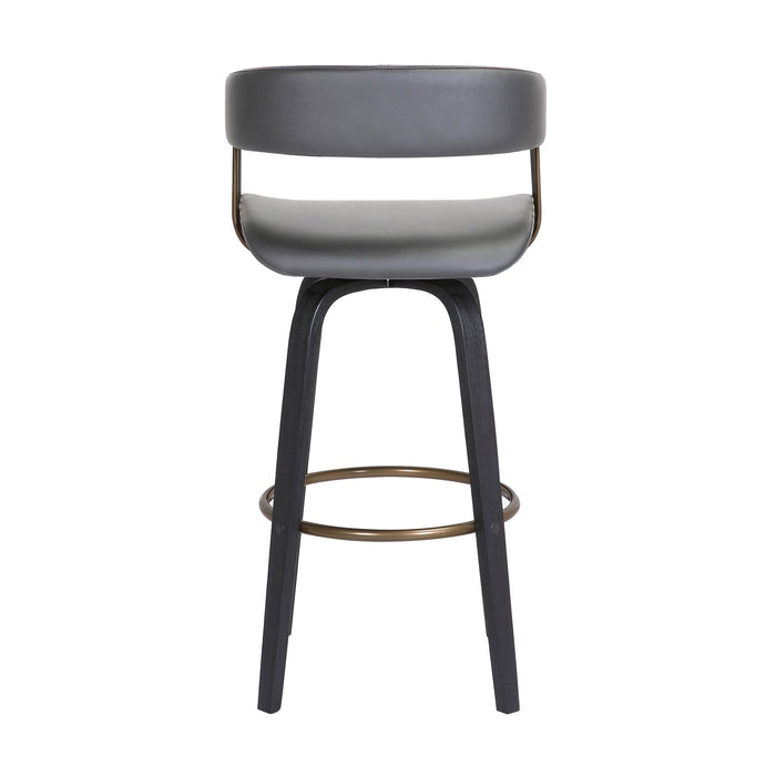 Topanga 30.5" Swivel Black Wood Bar Stool in Gray Faux Leather with Golden Bronze Metal