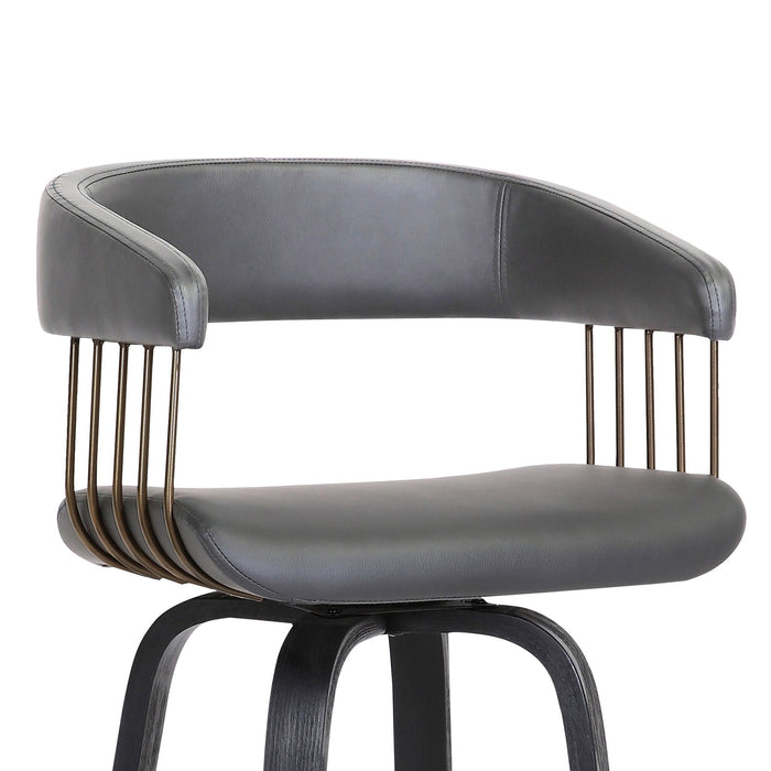 Topanga 30.5" Swivel Black Wood Bar Stool in Gray Faux Leather with Golden Bronze Metal