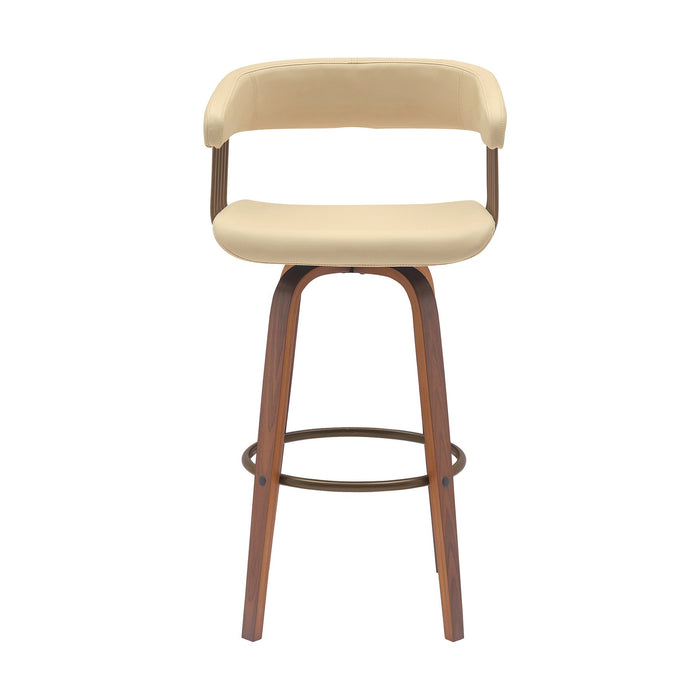Topanga 26" Swivel Walnut Wood Counter Stool in Cream Faux Leather with Golden Bronze Metal