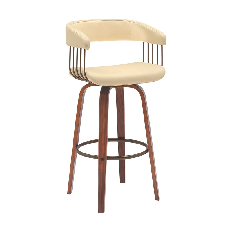 Topanga 30.5" Swivel Walnut Wood Bar Stool in Cream Faux Leather with Golden Bronze Metal - Furniture City (CA)l