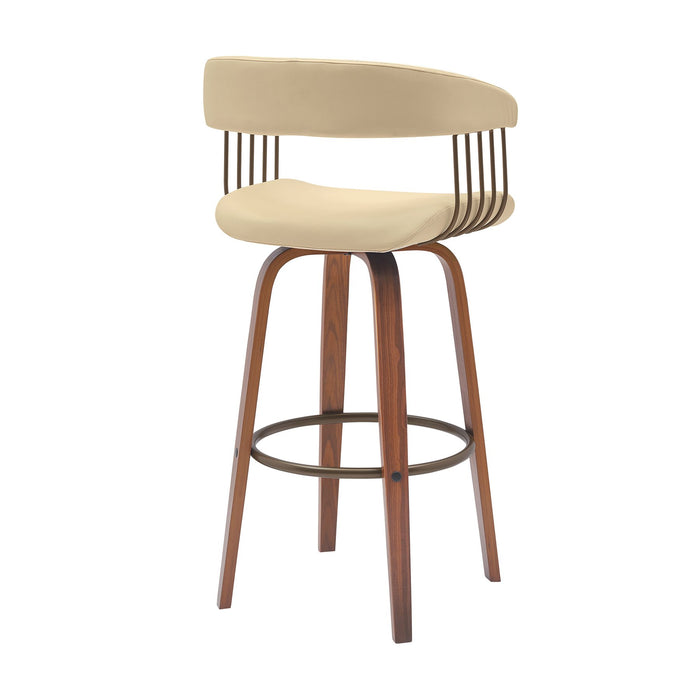 Topanga 30.5" Swivel Walnut Wood Bar Stool in Cream Faux Leather with Golden Bronze Metal
