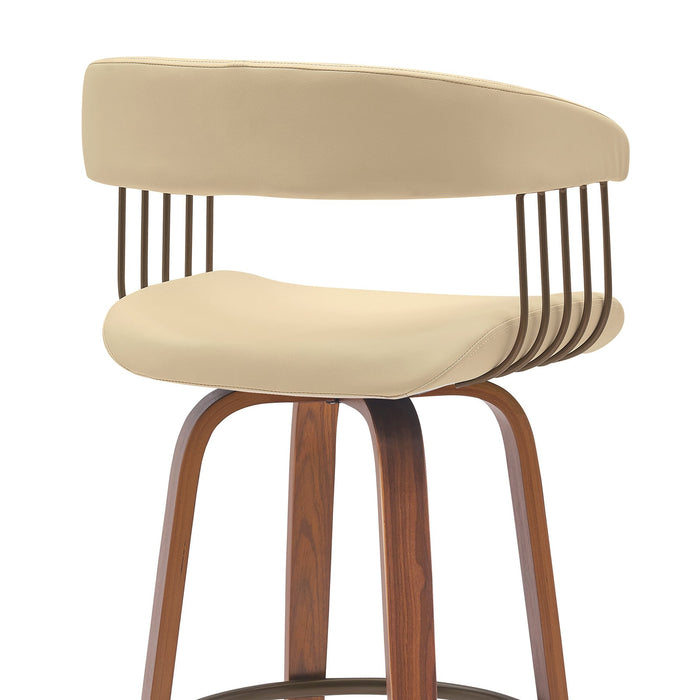 Topanga 30.5" Swivel Walnut Wood Bar Stool in Cream Faux Leather with Golden Bronze Metal