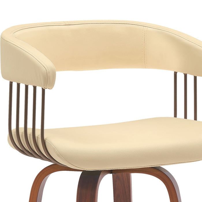 Topanga 30.5" Swivel Walnut Wood Bar Stool in Cream Faux Leather with Golden Bronze Metal