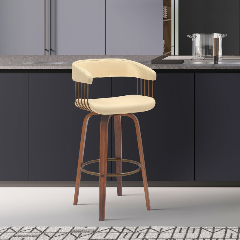 Topanga 30.5" Swivel Walnut Wood Bar Stool in Cream Faux Leather with Golden Bronze Metal - Furniture City (CA)l