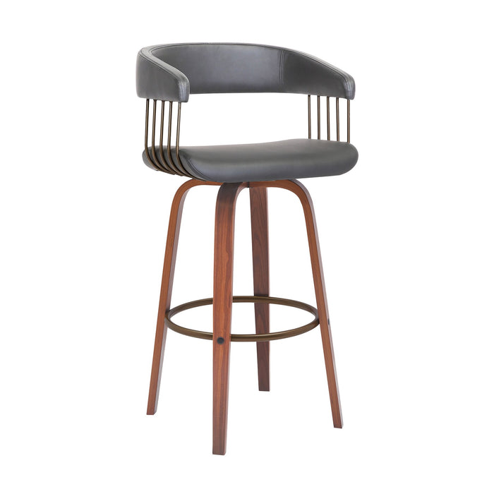 Topanga 26" Swivel Walnut Wood Counter Stool in Gray Faux Leather with Golden Bronze Metal