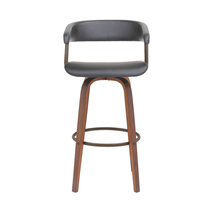 Topanga 30.5" Swivel Walnut Wood Bar Stool in Gray Faux Leather with Golden Bronze Metal