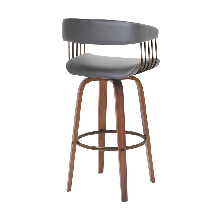 Topanga 30.5" Swivel Walnut Wood Bar Stool in Gray Faux Leather with Golden Bronze Metal