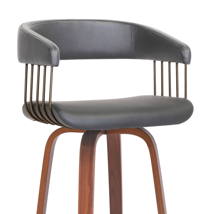 Topanga 30.5" Swivel Walnut Wood Bar Stool in Gray Faux Leather with Golden Bronze Metal