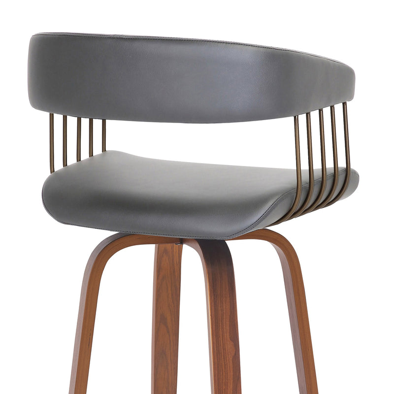 Topanga 30.5" Swivel Walnut Wood Bar Stool in Gray Faux Leather with Golden Bronze Metal - Furniture City (CA)l