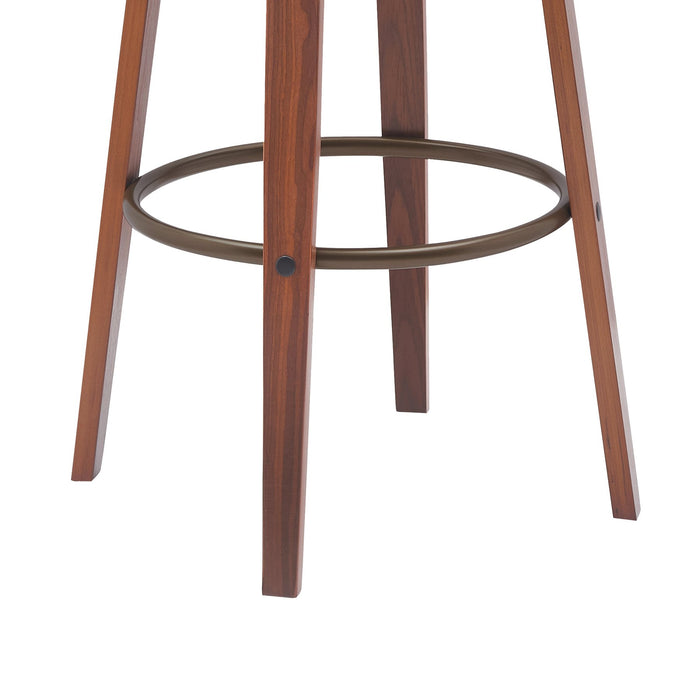 Topanga 30.5" Swivel Walnut Wood Bar Stool in Gray Faux Leather with Golden Bronze Metal