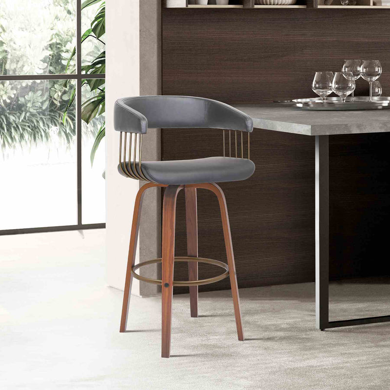Topanga 30.5" Swivel Walnut Wood Bar Stool in Gray Faux Leather with Golden Bronze Metal - Furniture City (CA)l