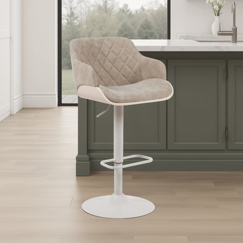 Toby Adjustable Swivel Barstool in Ivory Finish with Vintage Taupe Upholstered Seat and Pale Wood Accents - Furniture City (CA)l